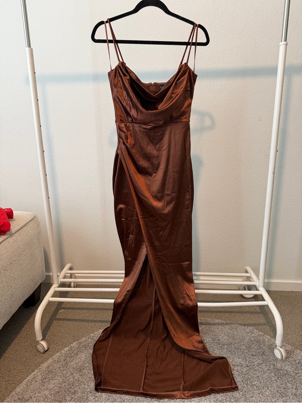 Windsor Copper Brown Satin Cowl Neck Maxi Dress